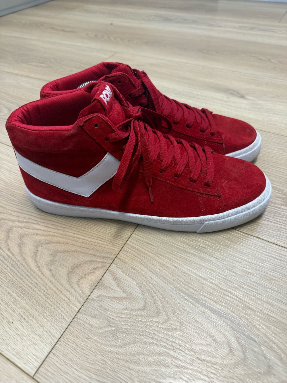Pony Classic Red Suede High-Top Sneakers with White Side Accent Men’s Size 12
